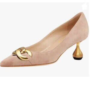 XYD Nude Suede Low Heel Pointed Toe Pumps Metal Chain Solid Golden Heeled Shoes